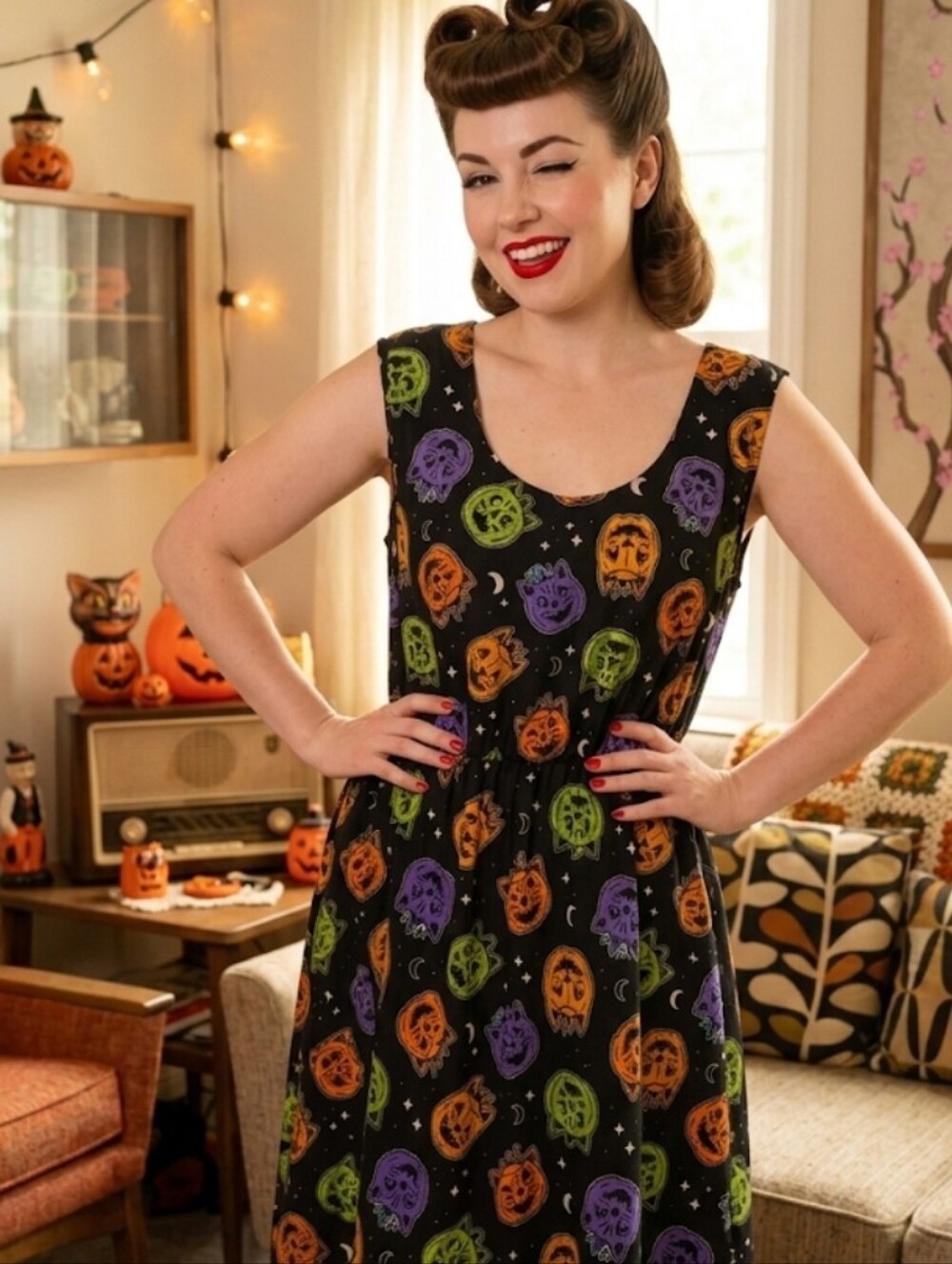 Sourpuss Black Top with Orange Graphic Accents